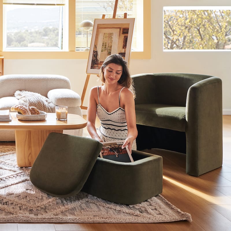 RENEWLINE Sherpa Barrel Chair & Storage Ottoman Set - Plush Compact Accent for Reading Nooks, Cloud-Like Lounge Seat