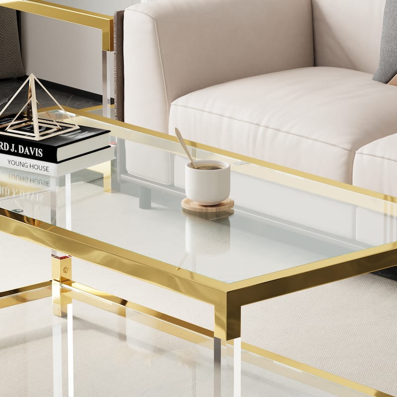 Modern Glass Coffee Table with Metal Frame, Rectangular Cocktail Table Tea Table with Acrylic Leg, Living Room Table