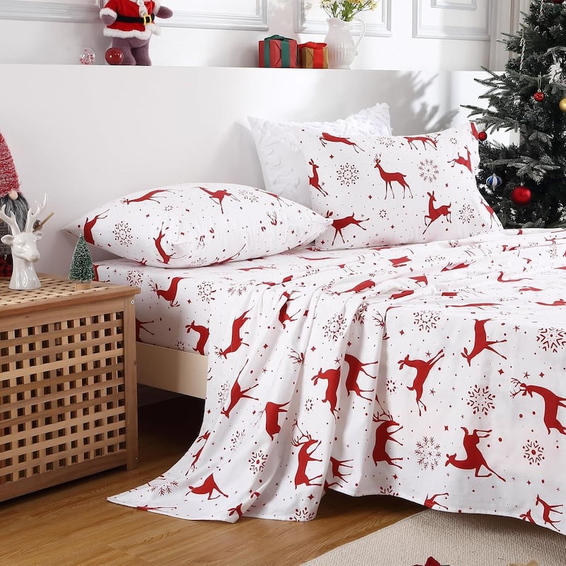 Christmas Soft Red Reindeer Bed Sheets Set with 16 Inches Deep Pocket