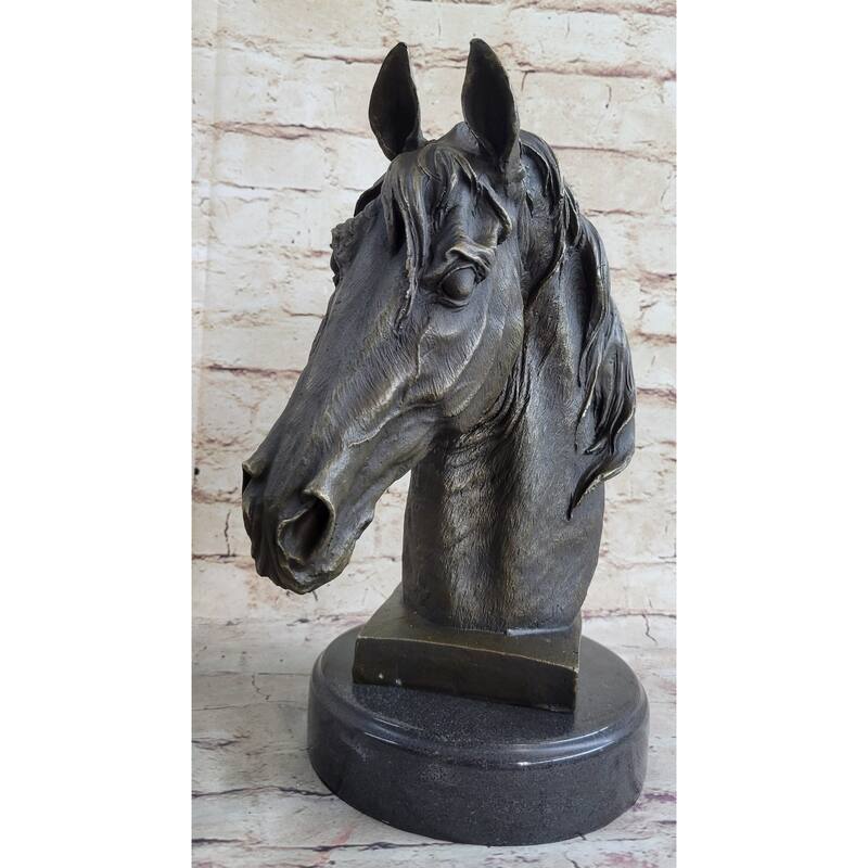 Signed Barye Unique Bronze Bust Horse Head Sculpture Marble Base Statue Figure