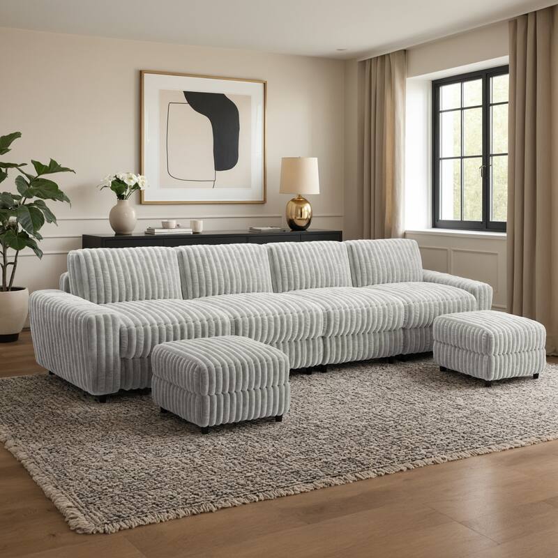 Veyron Furry Channel Fabric Down-filled 4-Seat Modular Sectional Sofa with Two Ottomans by iNSPIRE Q Modern