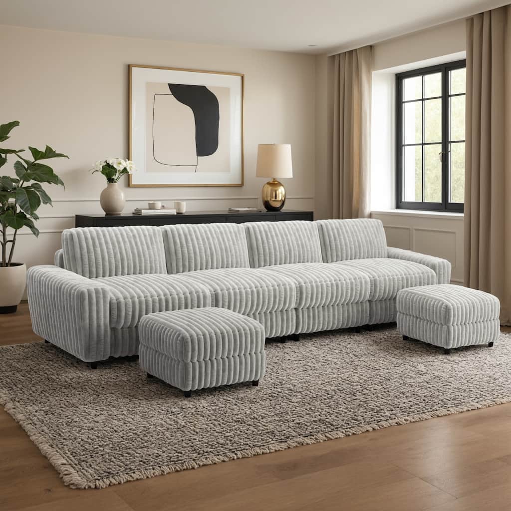 Veyron Furry Channel Fabric Down-filled 4-Seat Modular Sectional Sofa with Two Ottomans by iNSPIRE Q Modern