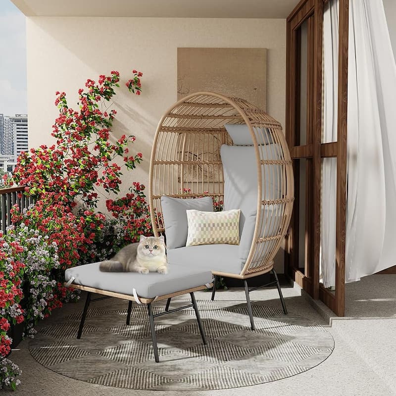 Oversized Indoor Outdoor Lounger Wicker Egg Chair with Ottoman for Patio, Backyard, Living Room