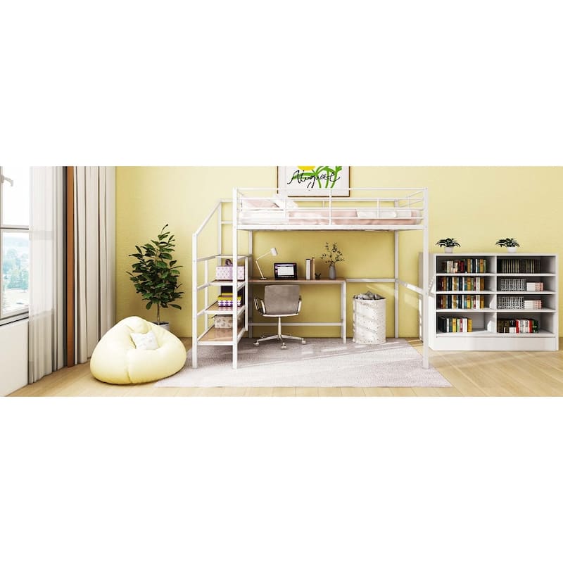 Full Size Metal Loft Bed with Desk and Lateral Storage Ladder