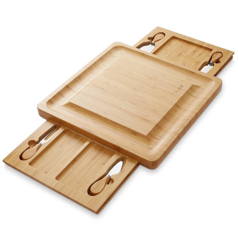 Bamboo Cheese Board Gift Set with 2 Trays and 4 Knives - Small
