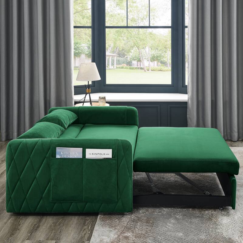 Pull-Out Velvet Couch with Chaise and Storage, Ideal for Apartments and Guest Rooms