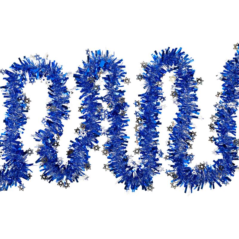 Star of David Hanukkah Tinsel Garland - 50' x 3.5" - Blue & Silver - Unlit