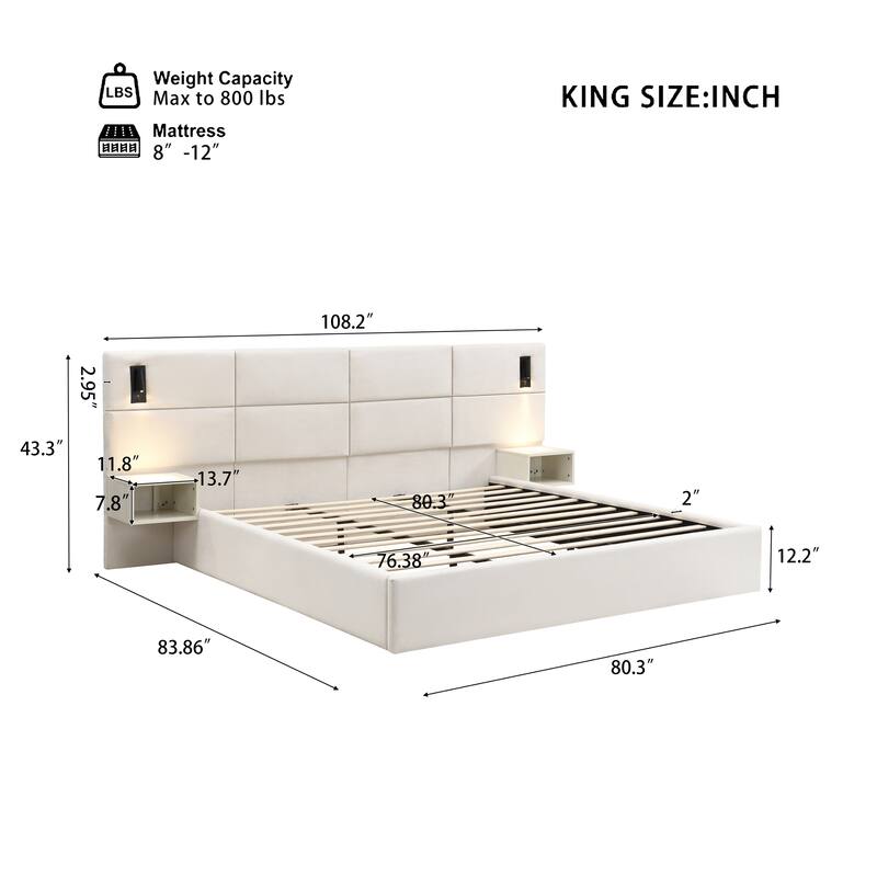 Christopher Knight Home - Mid-Century Modern Chenille Upholstered Smart Bed with Reading Lights & Built-In Shelves