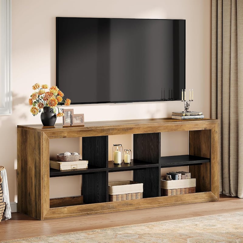 63" TV Stand with 6 Open Storage Cubes for Up to 70 Inch TVs, Farmhouse Entertainment Center, Wooden Media Console TV Cabinet - Rustic Brown & Black