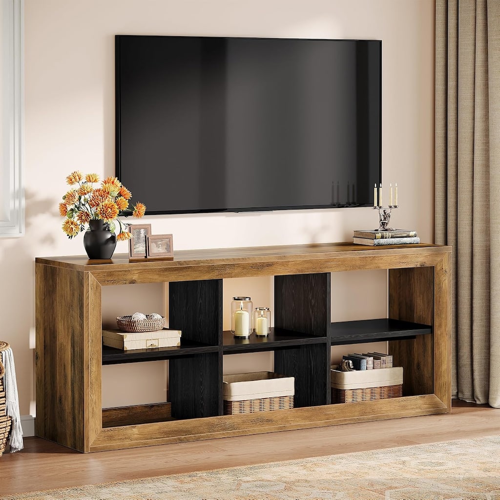 63" TV Stand with 6 Open Storage Cubes for Up to 70 Inch TVs, Farmhouse Entertainment Center, Wooden Media Console TV Cabinet