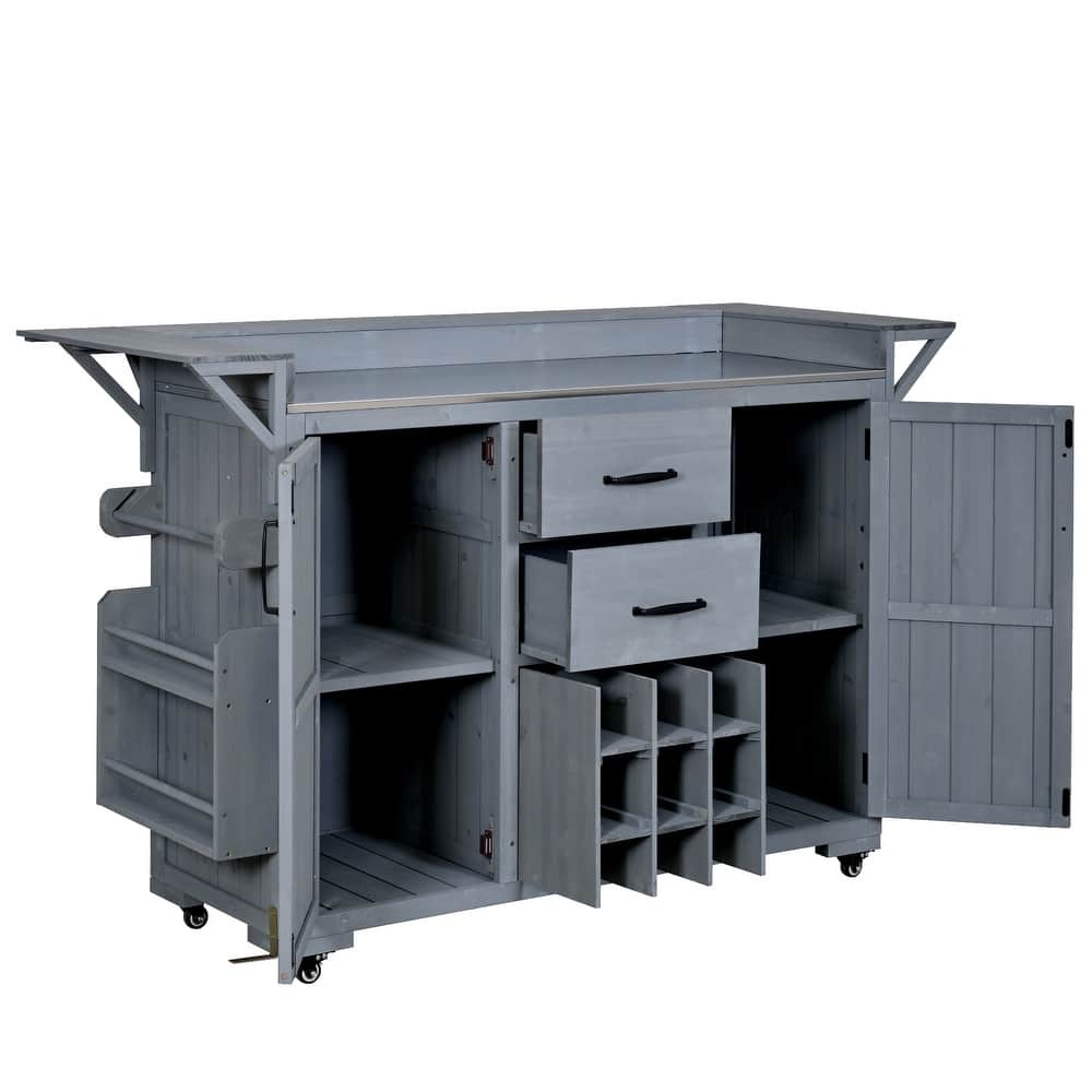 60" Rolling Outdoor Kitchen Island with Stainless Steel Top, Wood BBQ Prep Cart with Wine Rack & Drawers