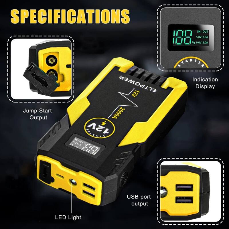 20000mAh Car Jump Starter, 2000A Peak for 9L Gas/7L Diesel, LED Light