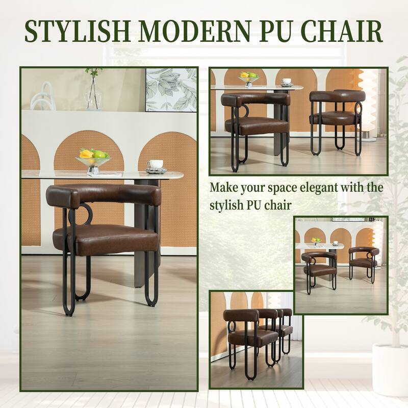 Dark Brown PU Upholstered Accent Chair Dining Chair Barrel Side Chairs Kitchen Armchair for Living Room Dressing Room Set of 3