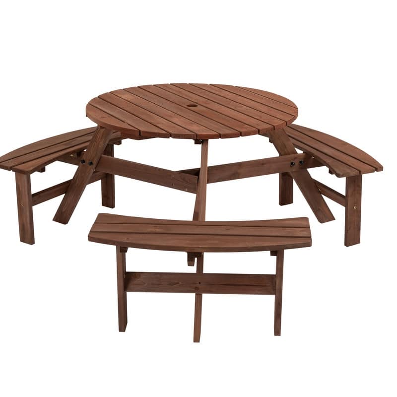6-Person Round Wooden Outdoor Picnic Table With 3 Built-In Benches, Heavy-Duty 1720lb Capacity For Patio, Backyard. - Brown