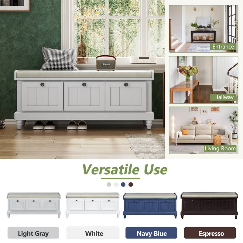 Classic Storage Bench with Cushioned Seat and 3 Drawers