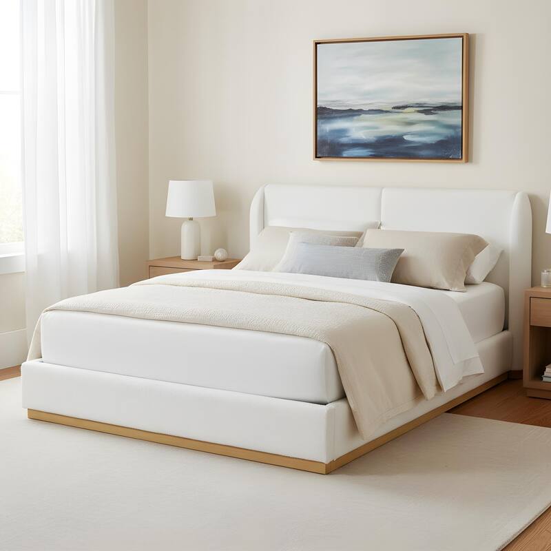 Christopher Knight Home - Contemporary Boucle Upholstered Sculpted Wingback Bed Frame, Enclosed Wood Base & Curved Headboard