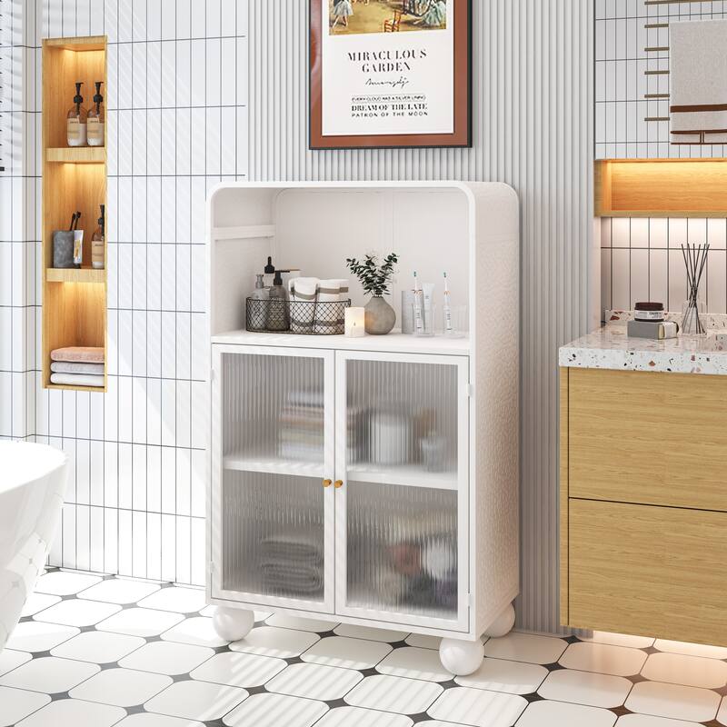 White Iron and Glass Modern Storage Cabinet with Shelves and Cupboard - 27.56” x 13.78” x 45.28”