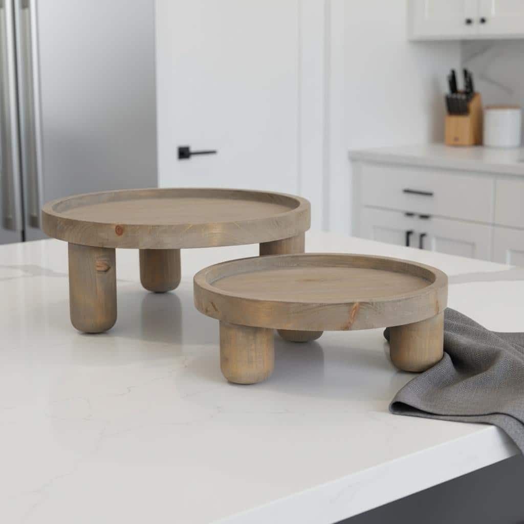 HomeRoots Set of Two Gray And Natural Solid Wood Handmade Round Risers - 13.25 in. x 5.75 in. x 13.25 in.