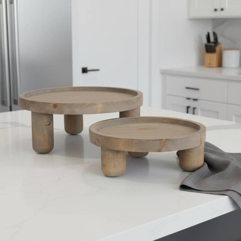 HomeRoots Set of Two Gray And Natural Solid Wood Handmade Round Risers - 13.25 in. x 5.75 in. x 13.25 in. - Natural/Gray - 13.25 in. x 5.75 in. x 13.25 in.