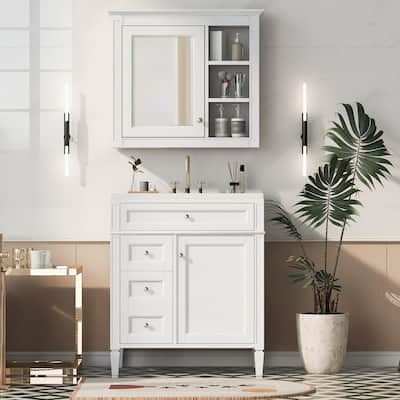 30" Bathroom Vanity Set with Ceramic Sink & Mirror Cabinet, 3 Drawers, Soft-Close Storage, Modern Freestanding Unit