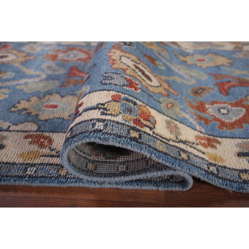Light Blue Oushak Oriental Runner Rug Hand-Knotted Wool Carpet - 2'5"x 13'9"