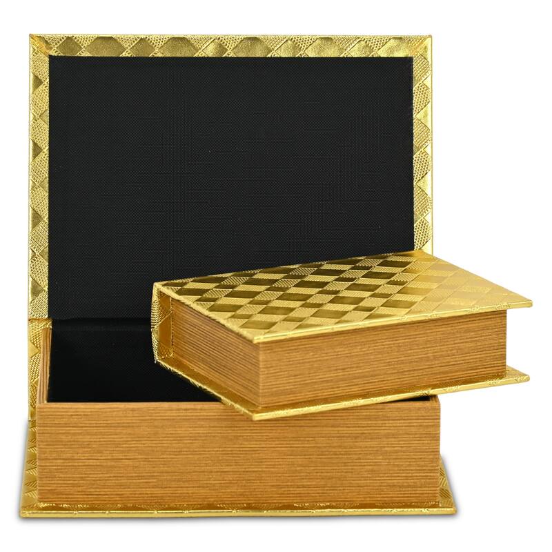 Diamond Checkered Nesting Book Boxes - 11" - Gold - Set of 2