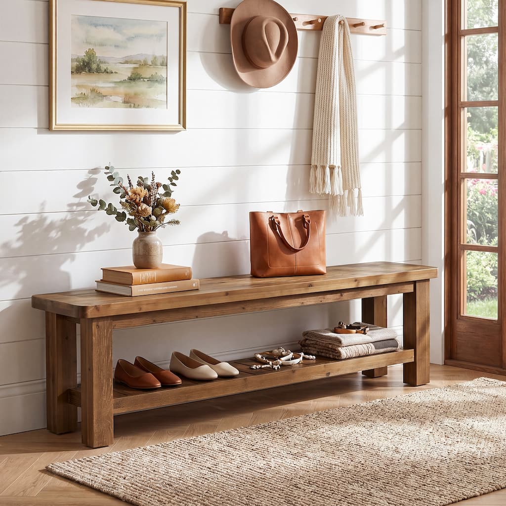 63 Inch 2 Tier Solid Wood Entryway Shoe Bench