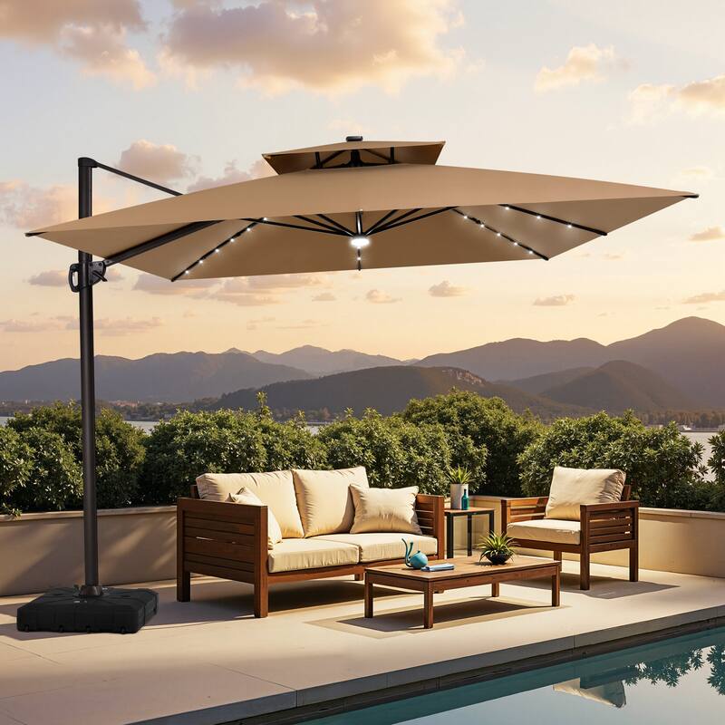 11FT Patio Cantilever Umbrella with LED Lights Double Vented Umbrella with Weighted Base - Tan