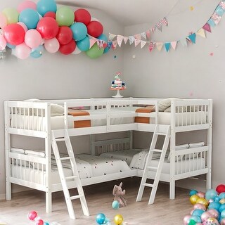 Twin Size Bunk Bed with Ladder, Two L-Shaped Beds, White