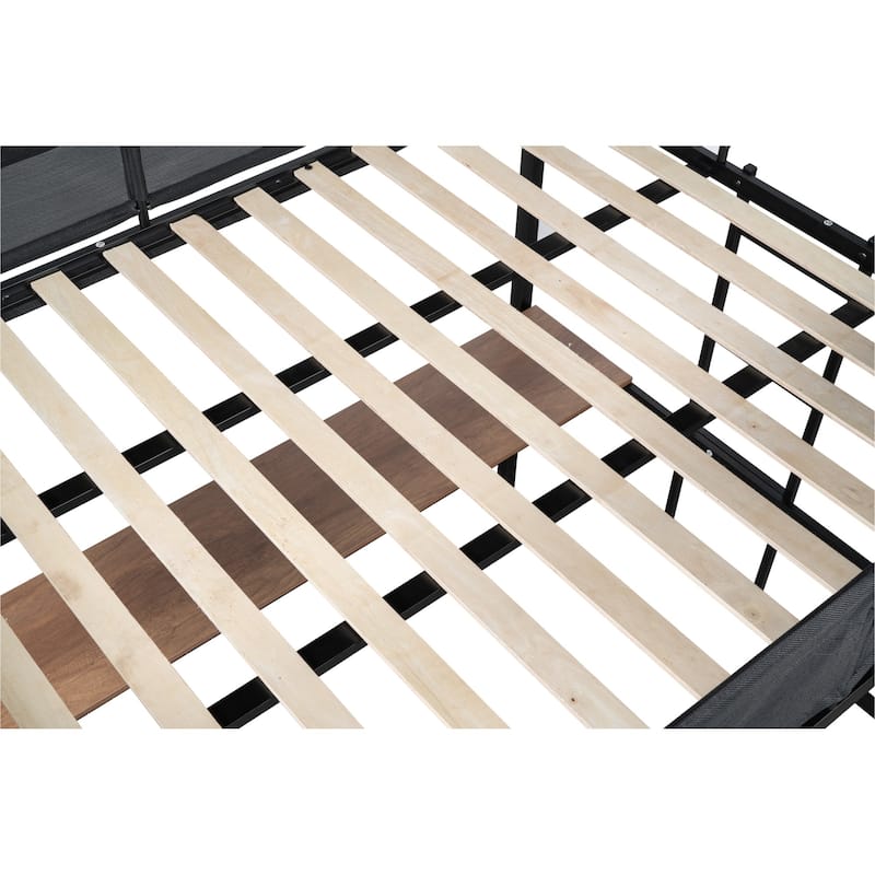 Black Full Size Metal Stell Loft Bed with Desk, Shelves, Noise-free Wood Slats and Comfortable Textilene Guardrail