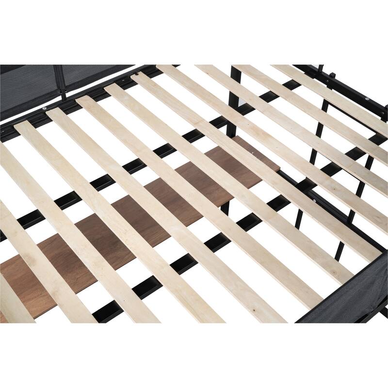 Metal Full Size Loft Bed with Desk and Shelves, Sturdy Metal Bed Frame with Built-in Desk, 2-tier Shelves, Noise-free Wood Slats