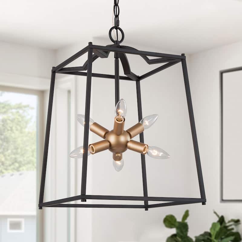 Modern Transitional Black Gold 6-light Lantern Foyer Metal Pendant for Kitchen - D14" x H82"