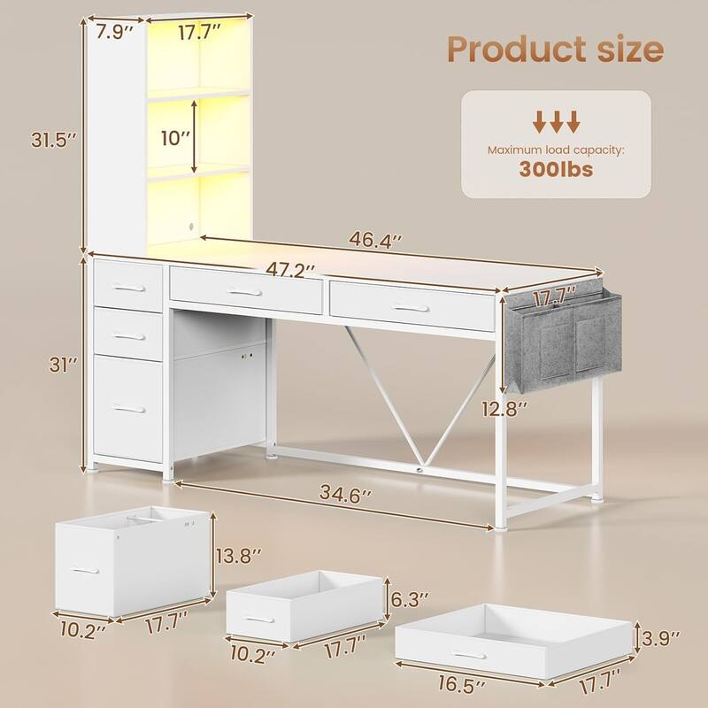 L Shaped Computer Desk 5 fabric Drawers Gaming Desk Storage Shelf
