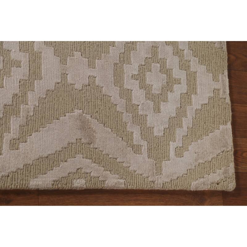 Beige Geometric Nepalese Oriental Area Rug Handmade Wool Carpet - 6'1" x 8'11"