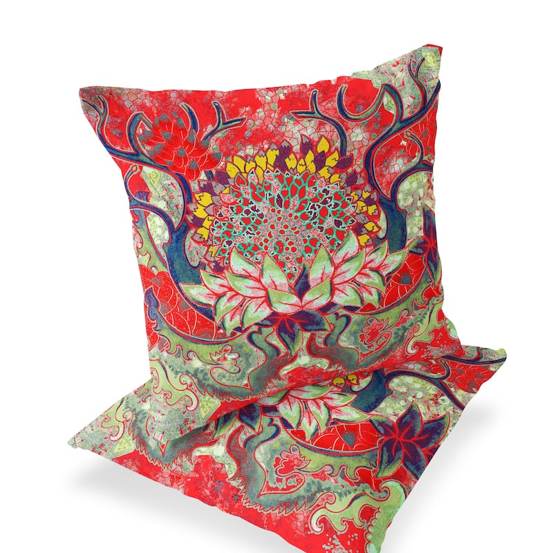 HomeRoots Set of Two 16" X 16" Green and Red Blown Seam Floral Indoor Outdoor Throw Pillow - 16.00' X '16.00' X '5.00