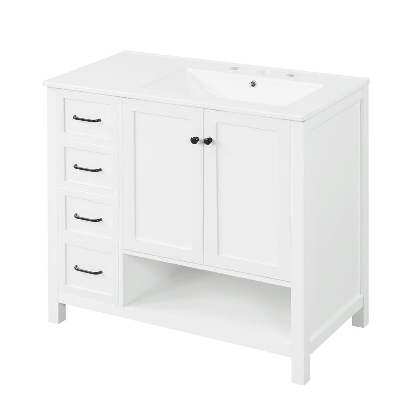 Roomfitters 36" Bathroom Vanity with Sink, Right-Side Basin, Solid Wood Frame, 2 Doors, 2 Drawers & Open Shelf