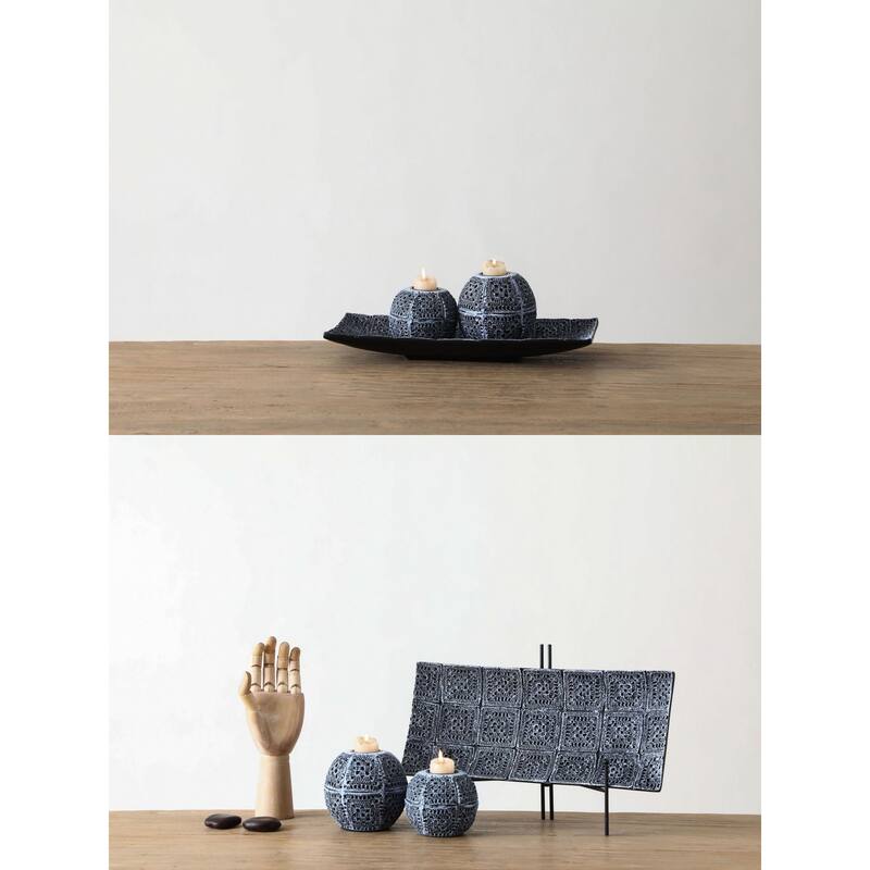 Black Quilted Polyresin Candle Holder Set with Tray Modern Decor
