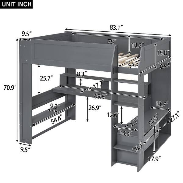 Dark Gray Full Size Solid Wood MDF Gaming Loft Bed with Desk and Charging Station
