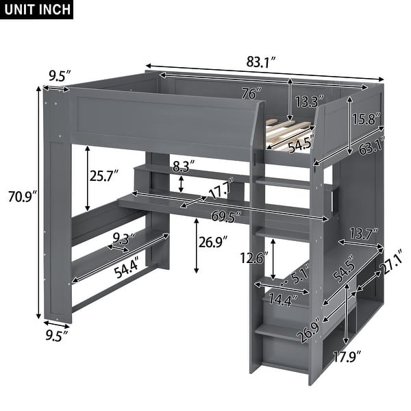 dimension image slide 1 of 2, Solid MDF Gaming Loft Bed with Desk & Shelves
