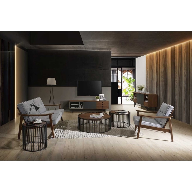 Carbon Loft Calacino Modern Walnut and Black Round Tea Table Bed