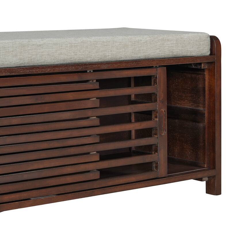 Shoe Storage Bench Entryway Bench with Cushion, Sliding Door