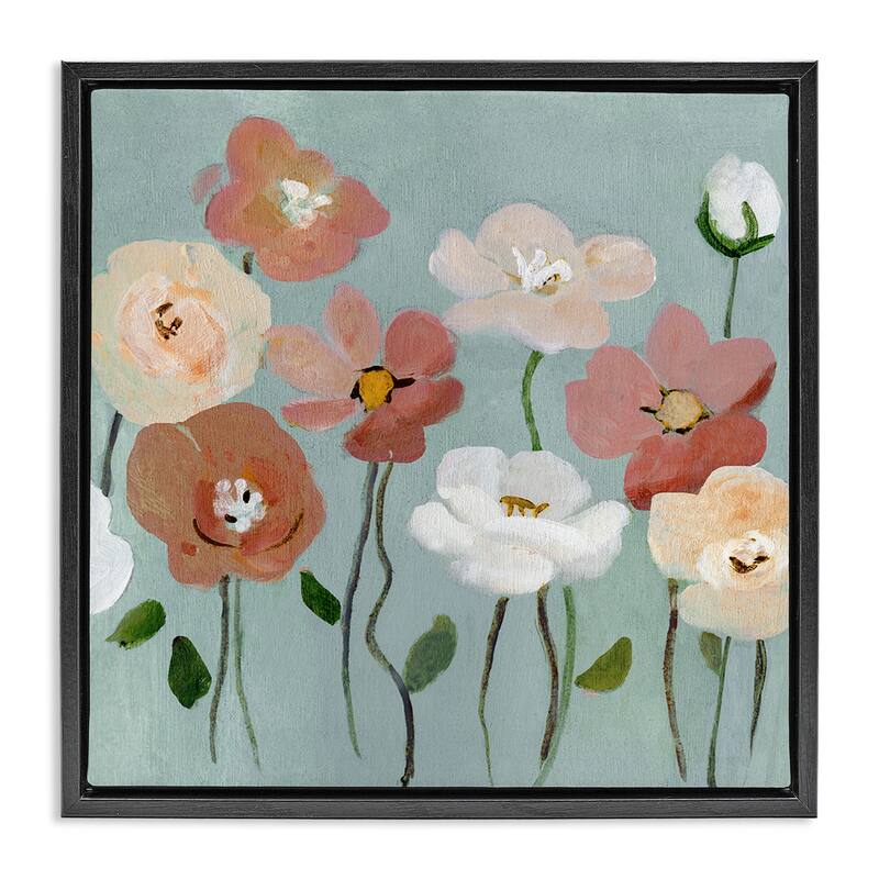 Stupell Boho Blooms on Blue Framed Floater Canvas Wall Art Design By Charity Henderson - 25 x 25 - Black