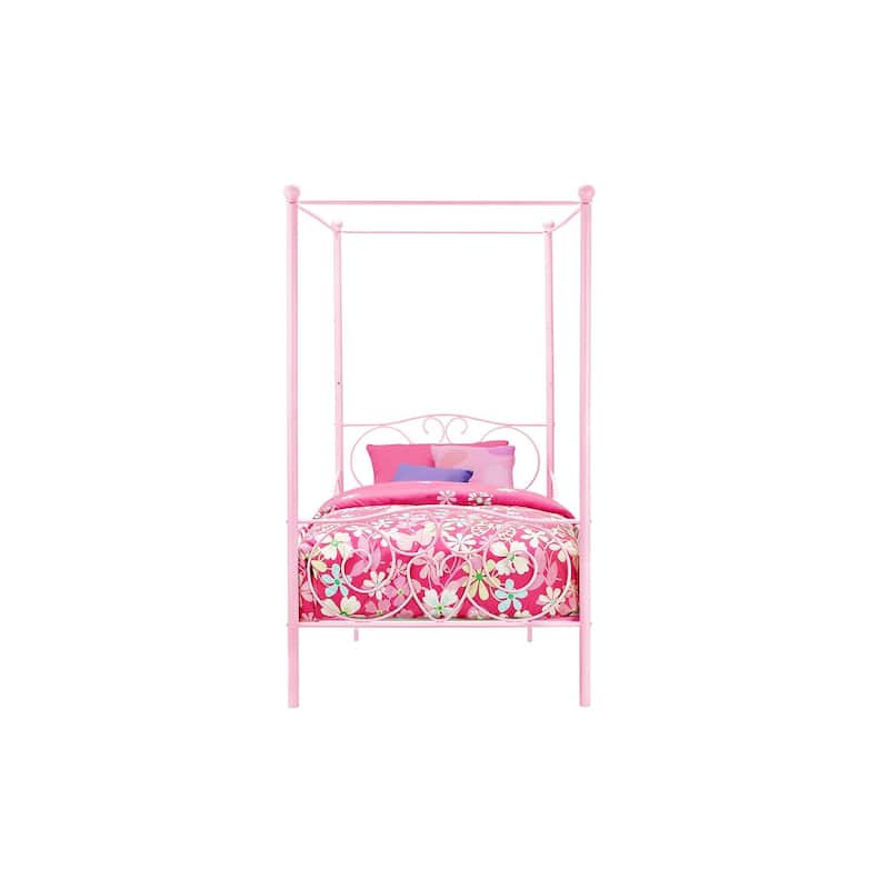 Whimsical Heart-Design Canopy Metal Bed with Slat Support System - Pink