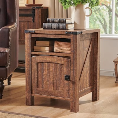Farmhouse Nightstand with Charging Station, Wood End Table, Side Table