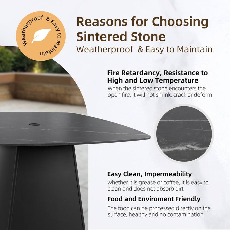 5-Piece Pedestal Dining Set - 44" Sintered Stone Table and 4 Swivel Rockers, Rust-Free Aluminum, Ember Black