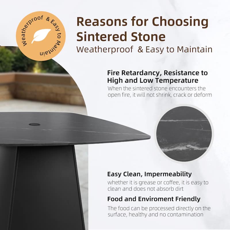 Contemporary 44-Inch Rounded Square Pedestal Table - Weatherproof Sintered Stone Top With Aluminum Pyramid Base.