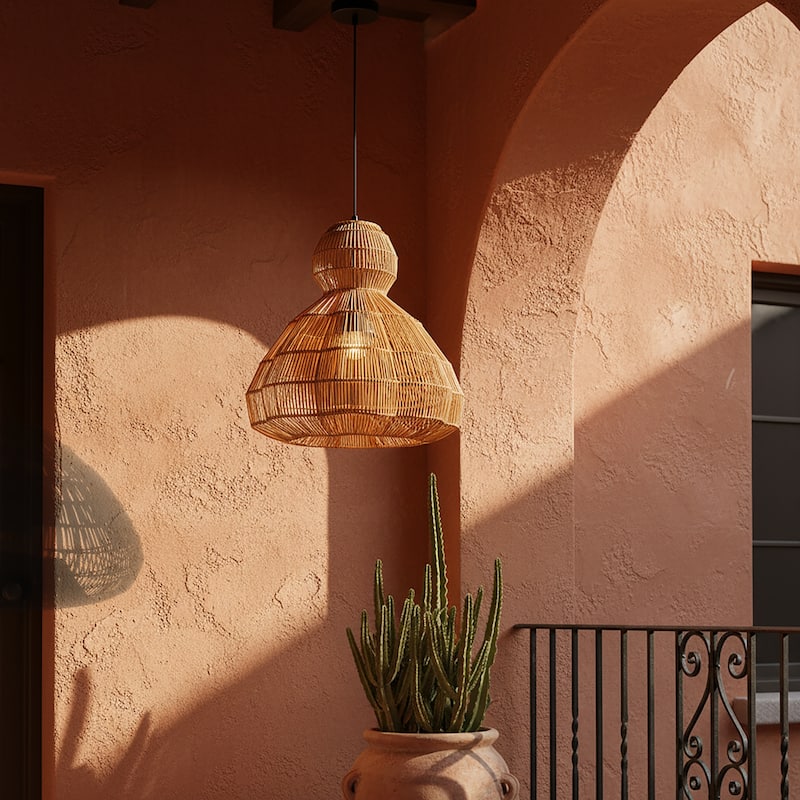 Ciel 1-Light Wicker Outdoor Pendant Light, Coastal Boho Style Scalloped- Handwoven