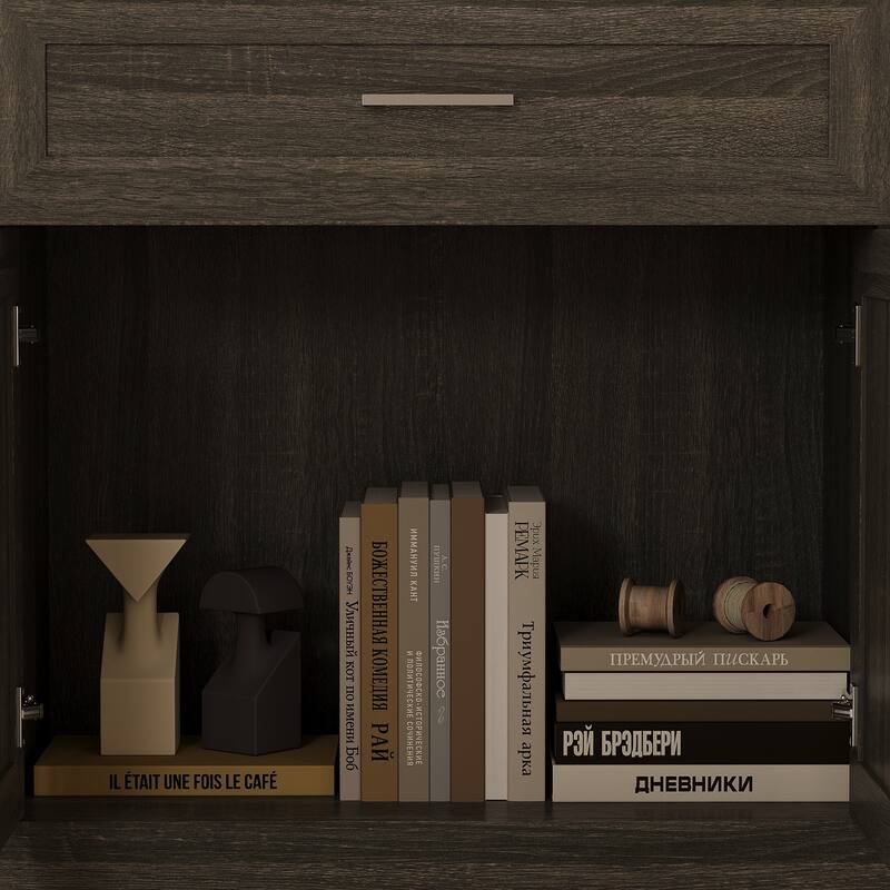 Modular Glass Door Bookcase Wall Unit with Storage Cabinets and Drawers, Dark Oak Display Hutch for Living Room or Home Office