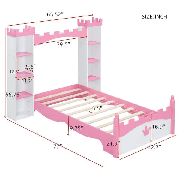 dimension image slide 0 of 2, Castle-Shaped Wooden Bed with Storage Shelf, Dreamy Twin Size Platform Bed for Kids Bedroom,Pink+ White