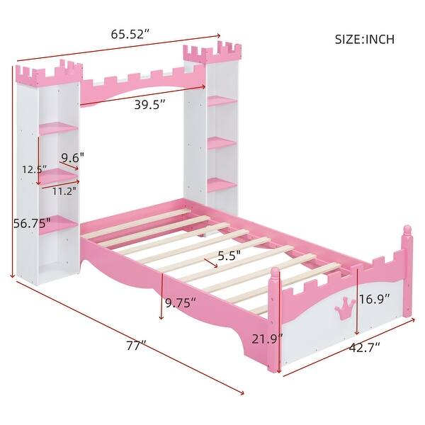 Kids and Baby Castle-Shaped Wooden Twin Size Platform Bed with Storage Shelf